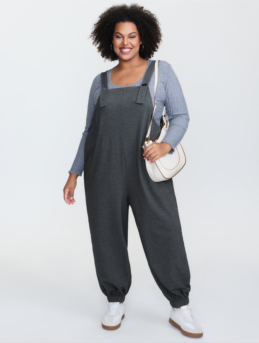 BloomChic Stretchy Solid Adjustable Overall Jumpsuit In Grey - Size US26/4XL